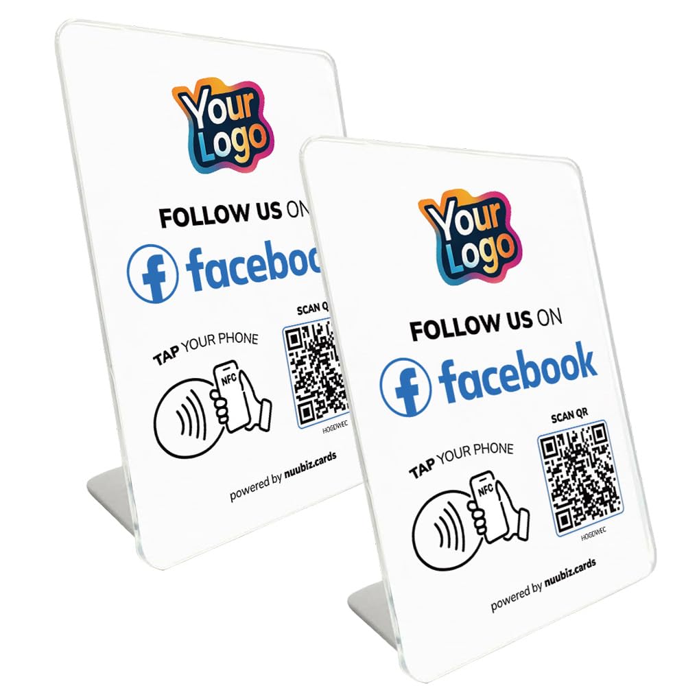 NUUBIZ Custom Follow Us on Social Media Sign for Facebook (2 Pack) NFC Facebook QR Code Stand, Easy Setup, Smartphone Compatible, No App or Fees