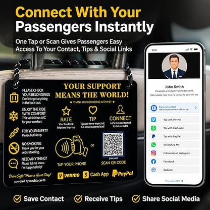 Rideshare Tip Sign for Drivers, Rating NFC QR Digital Tip Page