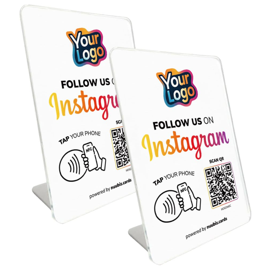 NUUBIZ Custom Follow Us on Social Media Sign for Instagram (2 Pack) NFC Instagram QR Code Stand, Easy Setup, Smartphone Compatible, No App or Fees, White IG Stand