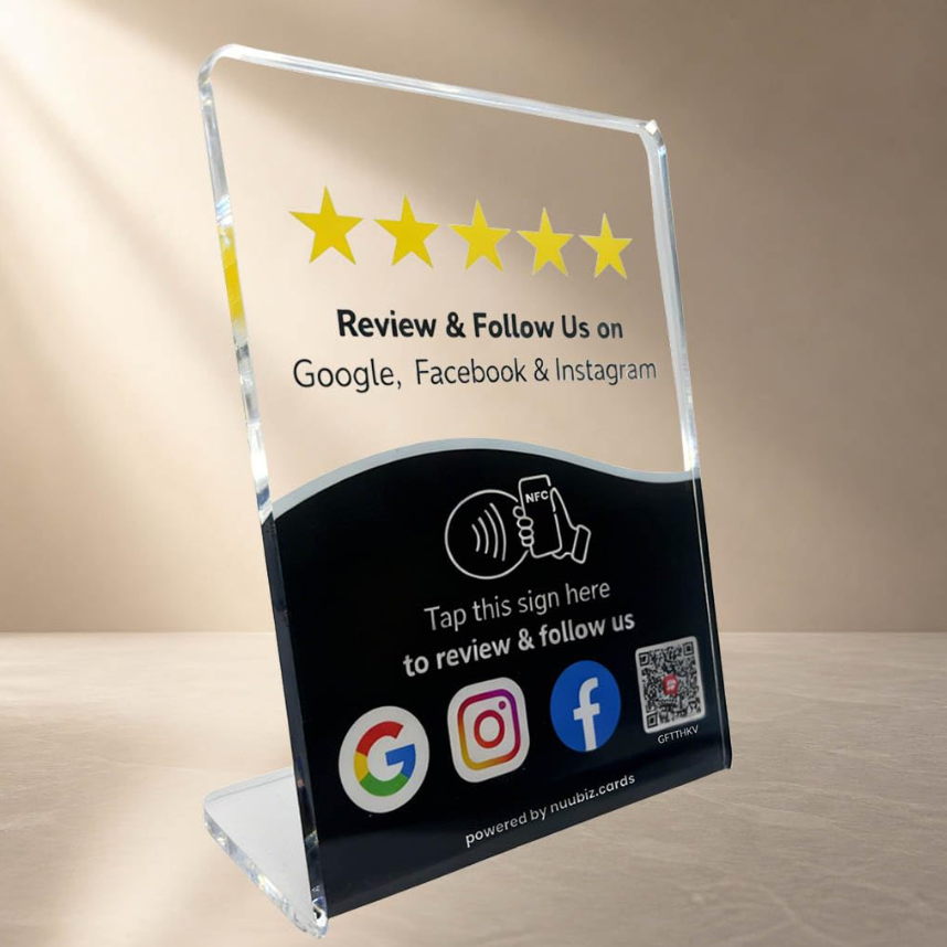 NFC Review Stand & Follow Us Sign for Google, Facebook & Instagram