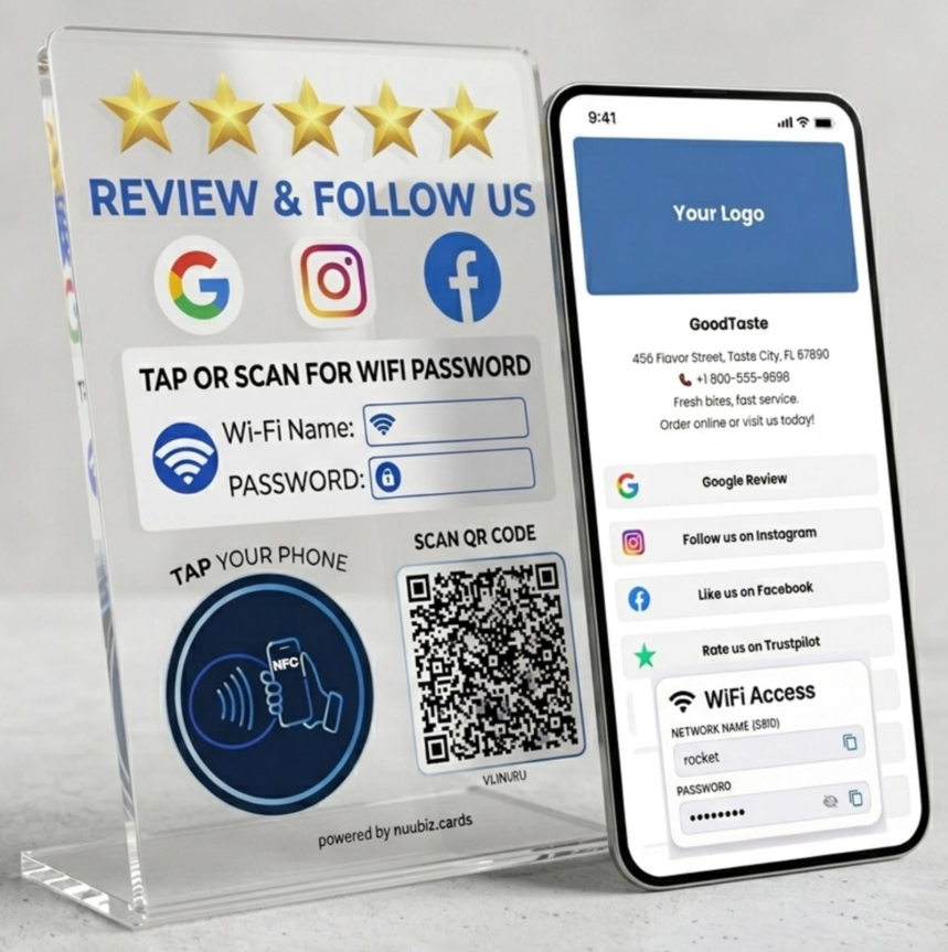 NFC QR Code Review Tap Card Stand for Google with Social Media & WiFi Sign