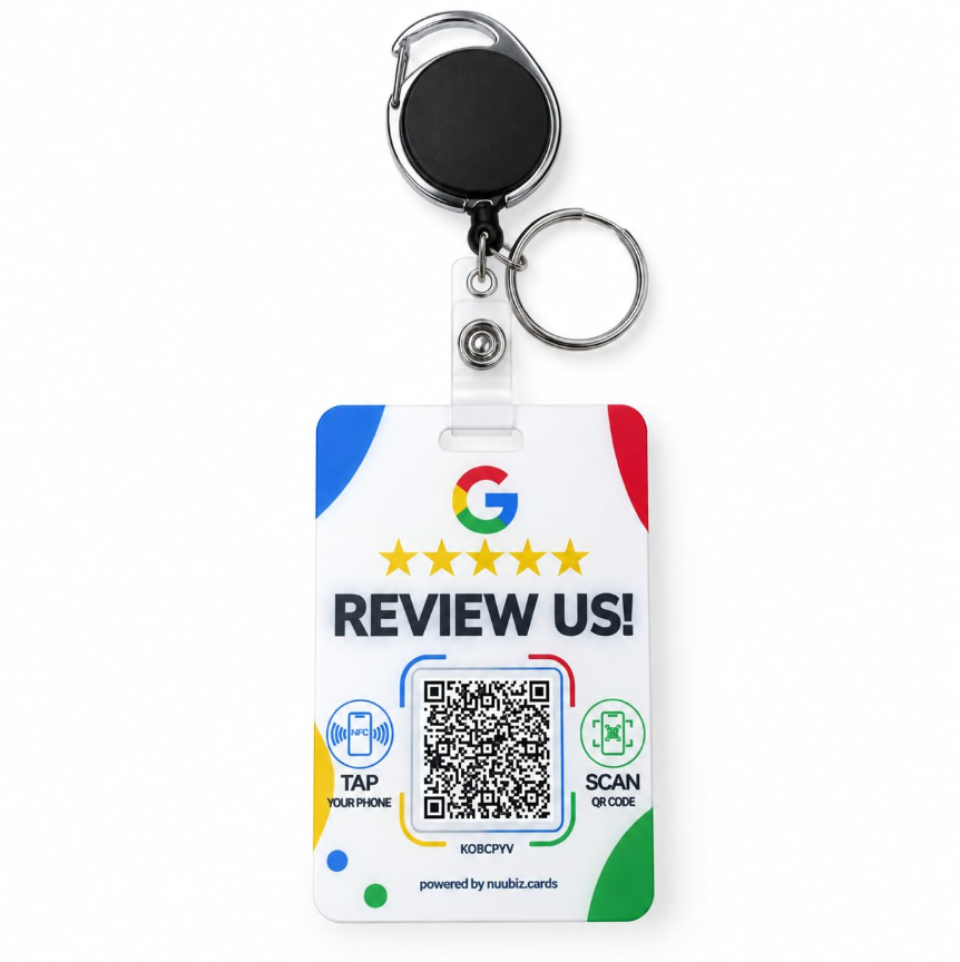 Wearable NFC Review Tap Card for Google with QR, Retractable Badge Reel