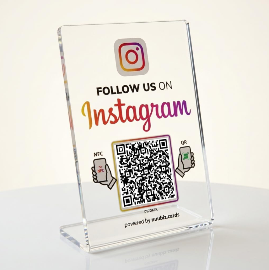 NFC Social Media Sign with QR Code, Tap to Follow Us Stand for Instagram
