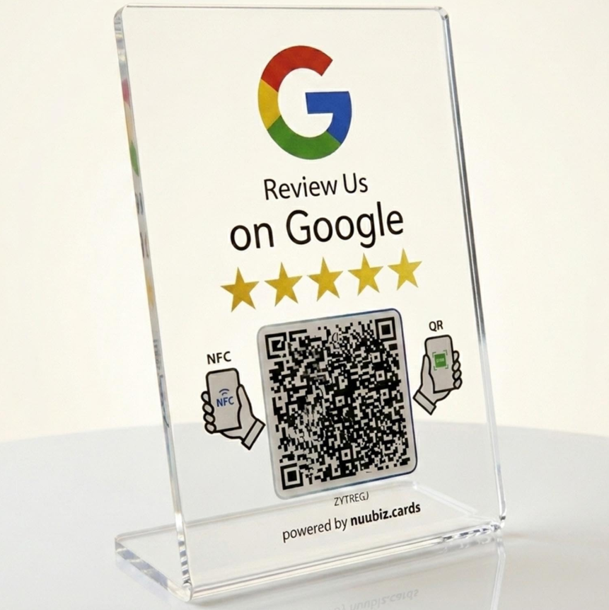 Clear Review Us Stand for Google (Larger: 8.27 x 5.91 inches)– NFC & QR