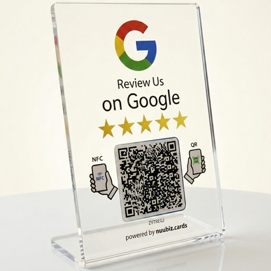 Clear Review Us Stand for Google (Larger: 8.27 x 5.91 inches)– NFC & QR