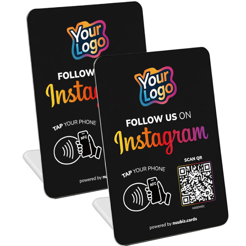NUUBIZ Custom Follow Us on Social Media Sign for Instagram (2 Pack) NFC Instagram QR Code Stand, Easy Setup, Smartphone Compatible, No App or Fees, Black IG Stand