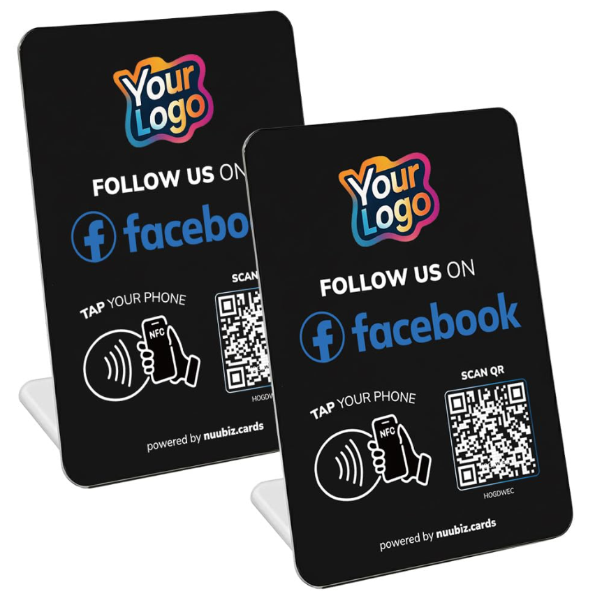 NUUBIZ Custom Follow Us on Social Media Sign for Facebook (2 Pack) NFC Facebook QR Code Stand, Easy Setup, Smartphone Compatible, No App or Fees, Black