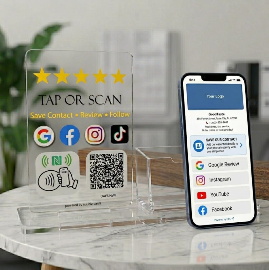 Review Stand for Google with Social Media Sign & Digital Business Card