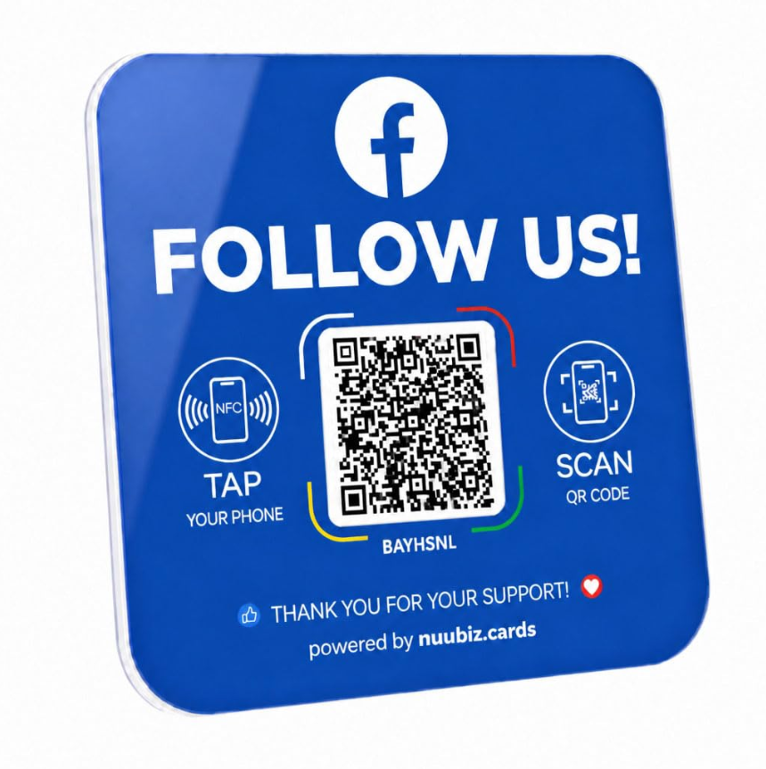 NFC Social Media Sign with QR Code, Follow Us Stand for Facebook