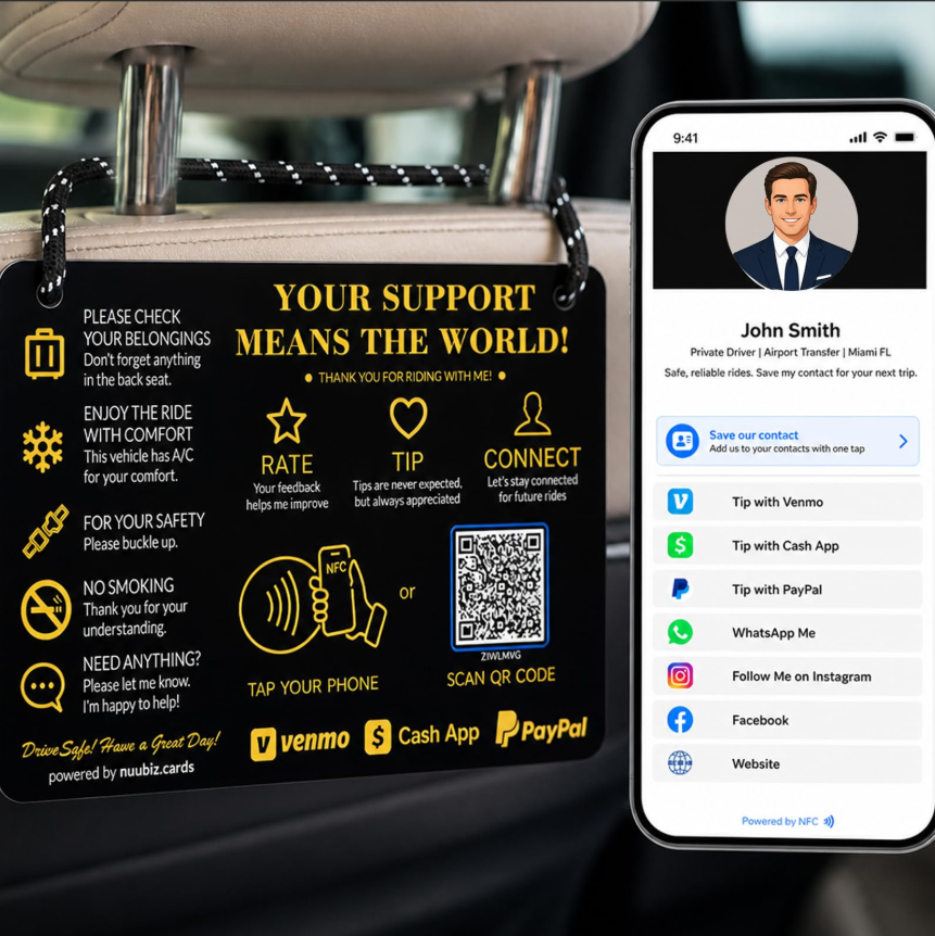 Rideshare Tip Sign for Drivers, Rating NFC QR Digital Tip Page