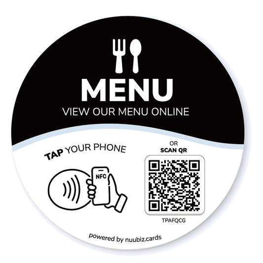 NFC Menu QR Code Sign with Adhesive Backing, Tap or Scan to View Menu