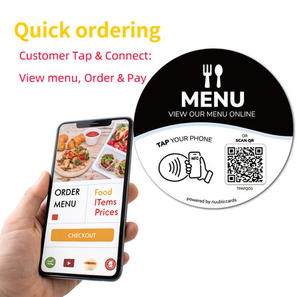 NFC Menu QR Code Sign with Adhesive Backing(2 PCS),Tap or Scan to View Menu