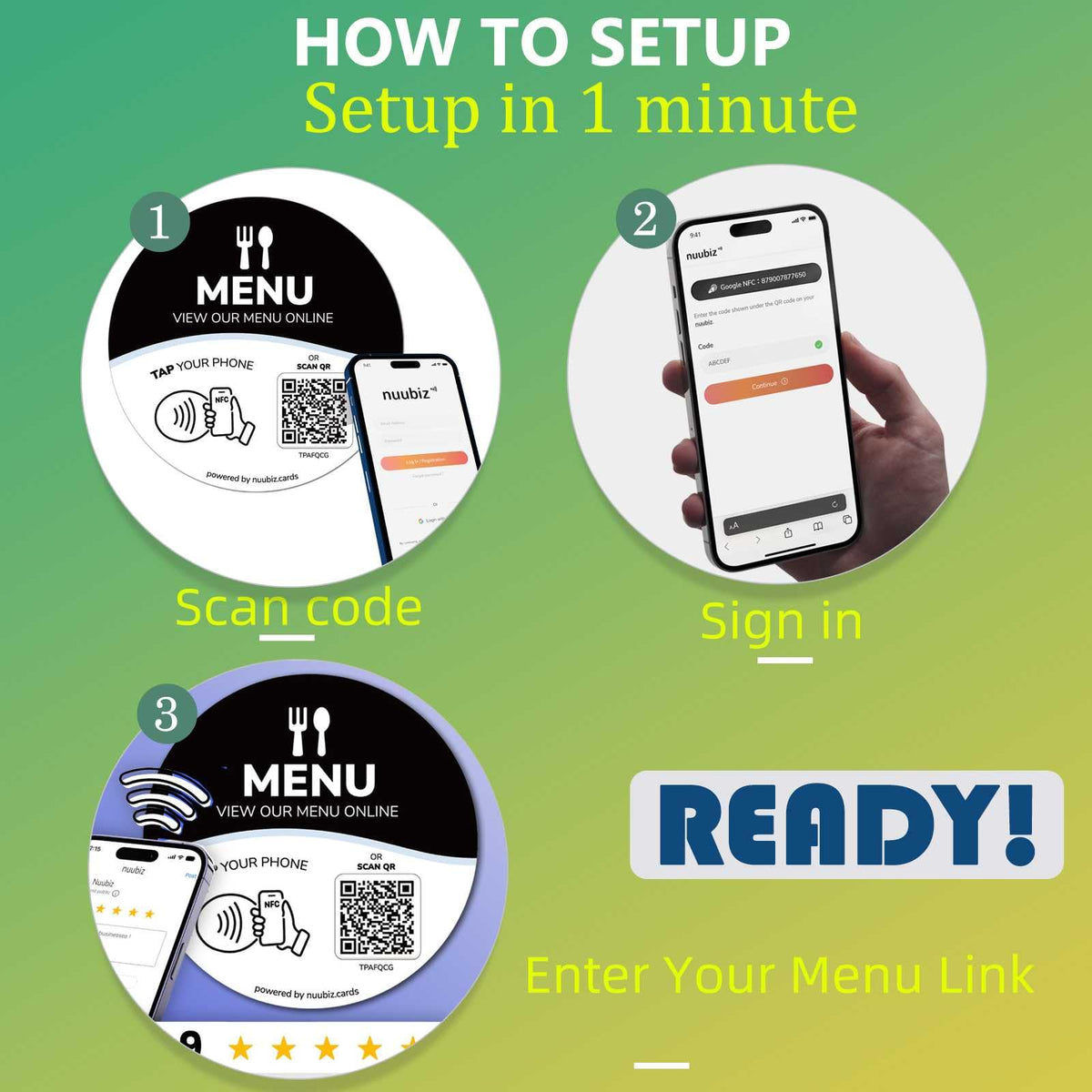 NFC Menu QR Code Sign with Adhesive Backing(2 PCS),Tap or Scan to View Menu