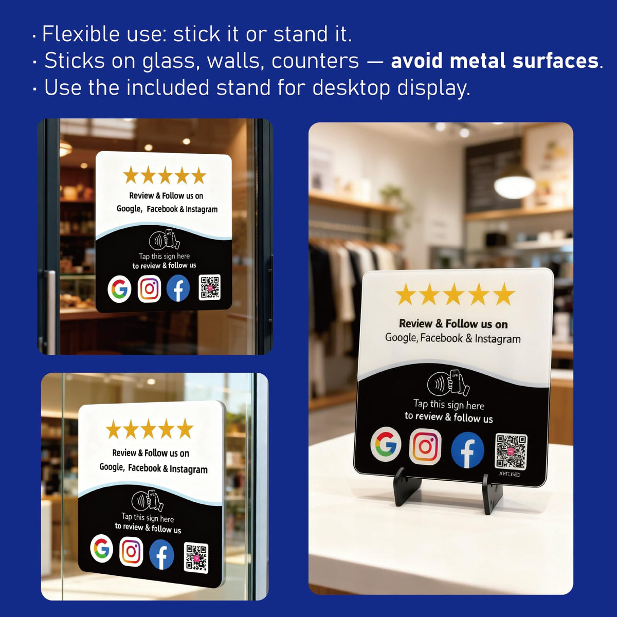 Google Review Plate with NFC & QR Code, Multi-Link Social Media Sign with Stand & Adhesive