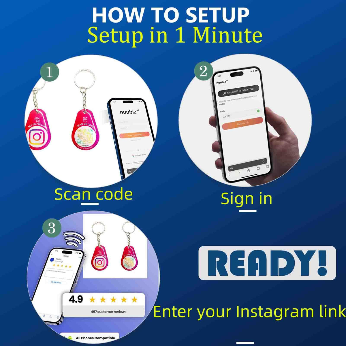 NUUBIZ Social Media NFC Keychain with QR Code for Instagram (1 PCS)