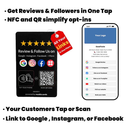 Multi-Link NFC & QR Code Review Tap Card for Google with Follow Us Sign
