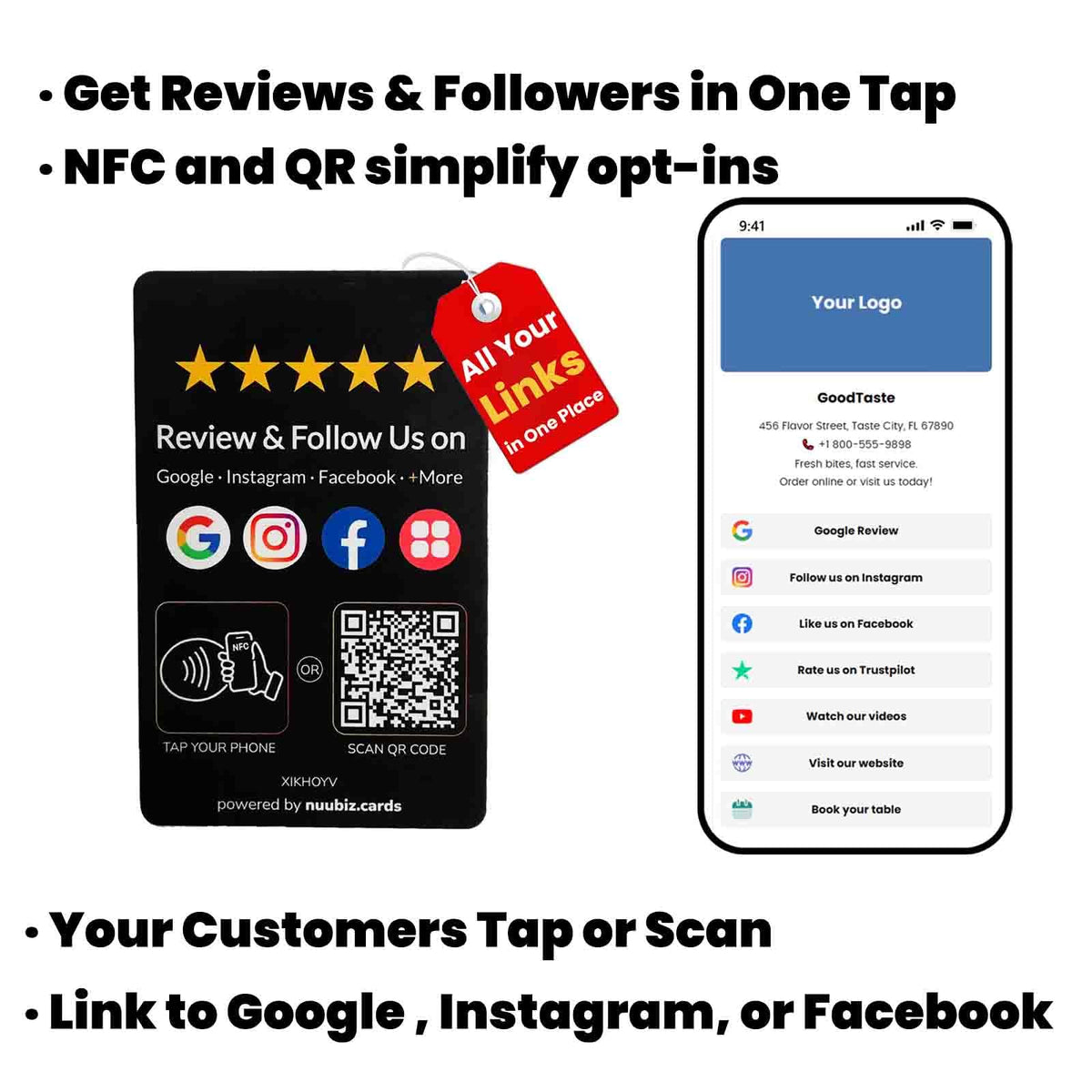 Multi-Link NFC & QR Review Tap Card for Google with Follow Us Sign(3 PCS)