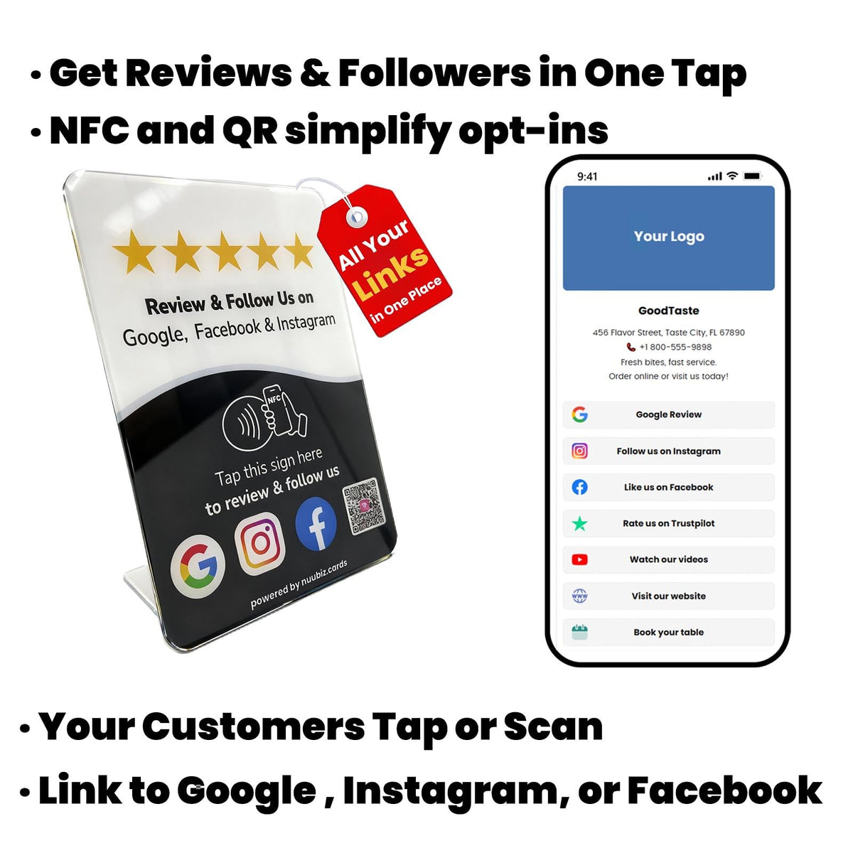 Google Review Stand with NFC & QR Code, All-in-One Social Media Sign, 6.3" × 4.53"