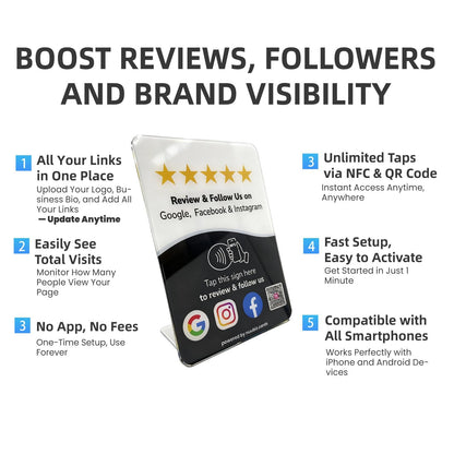 Google Review Stand with NFC & QR Code, All-in-One Social Media Sign, 6.3" × 4.53"