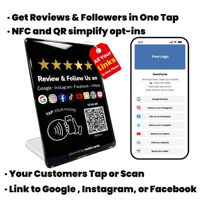 Multllink NFC QR Review Stand for Google & Social Media Follow Us Sign