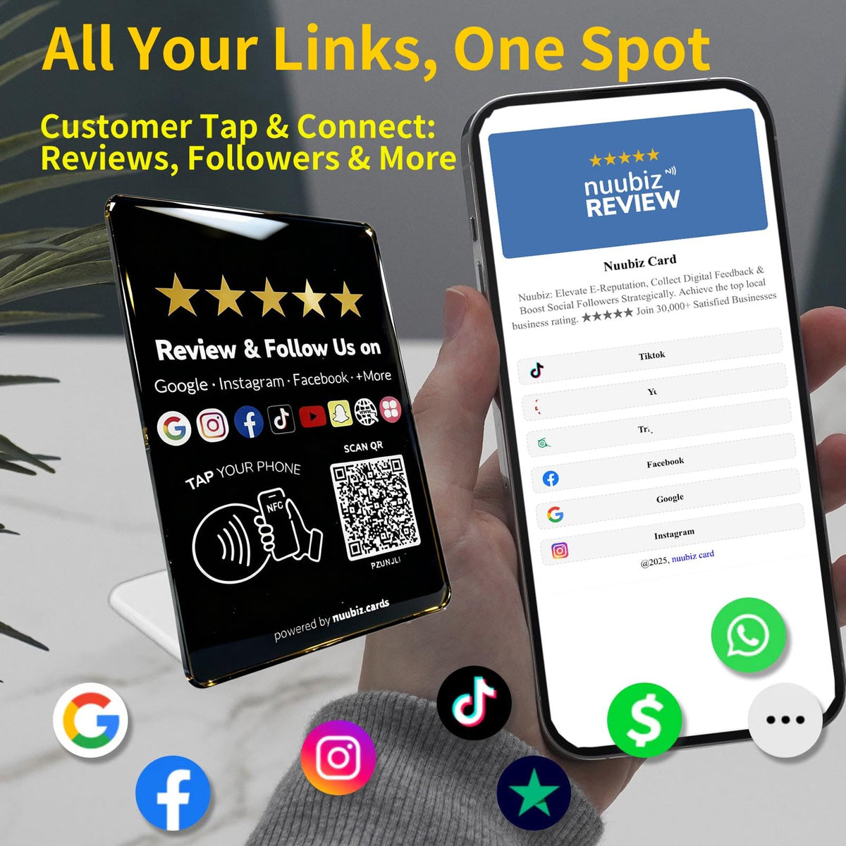 Multllink NFC QR Review Stand for Google & Social Media Follow Us Sign