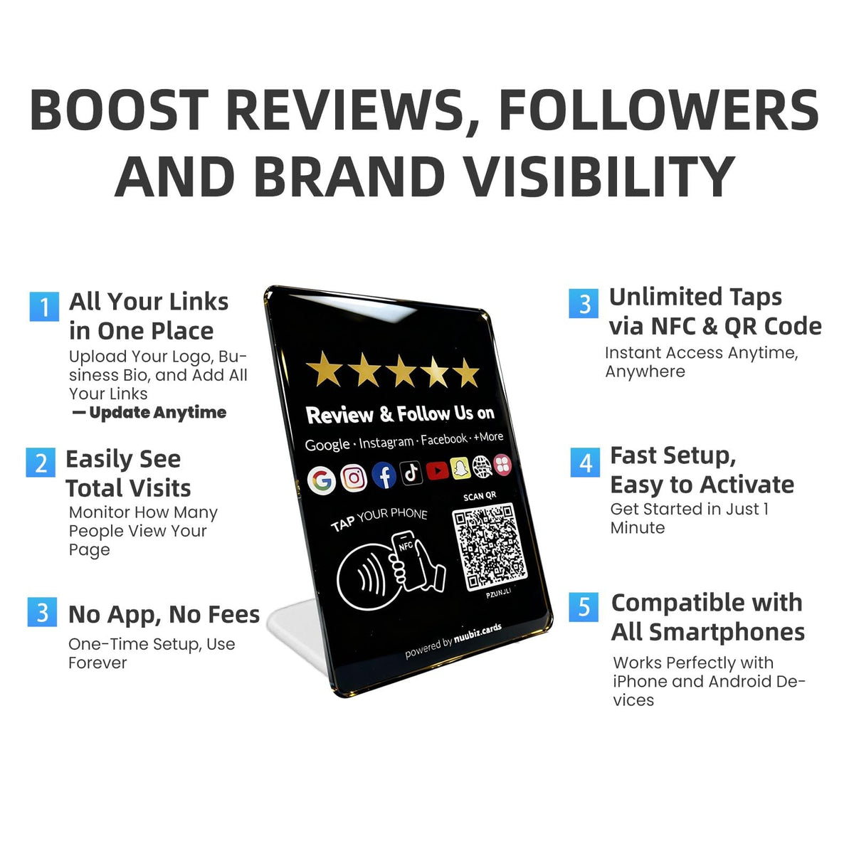 Multllink NFC QR Review Stand for Google & Social Media Follow Us Sign
