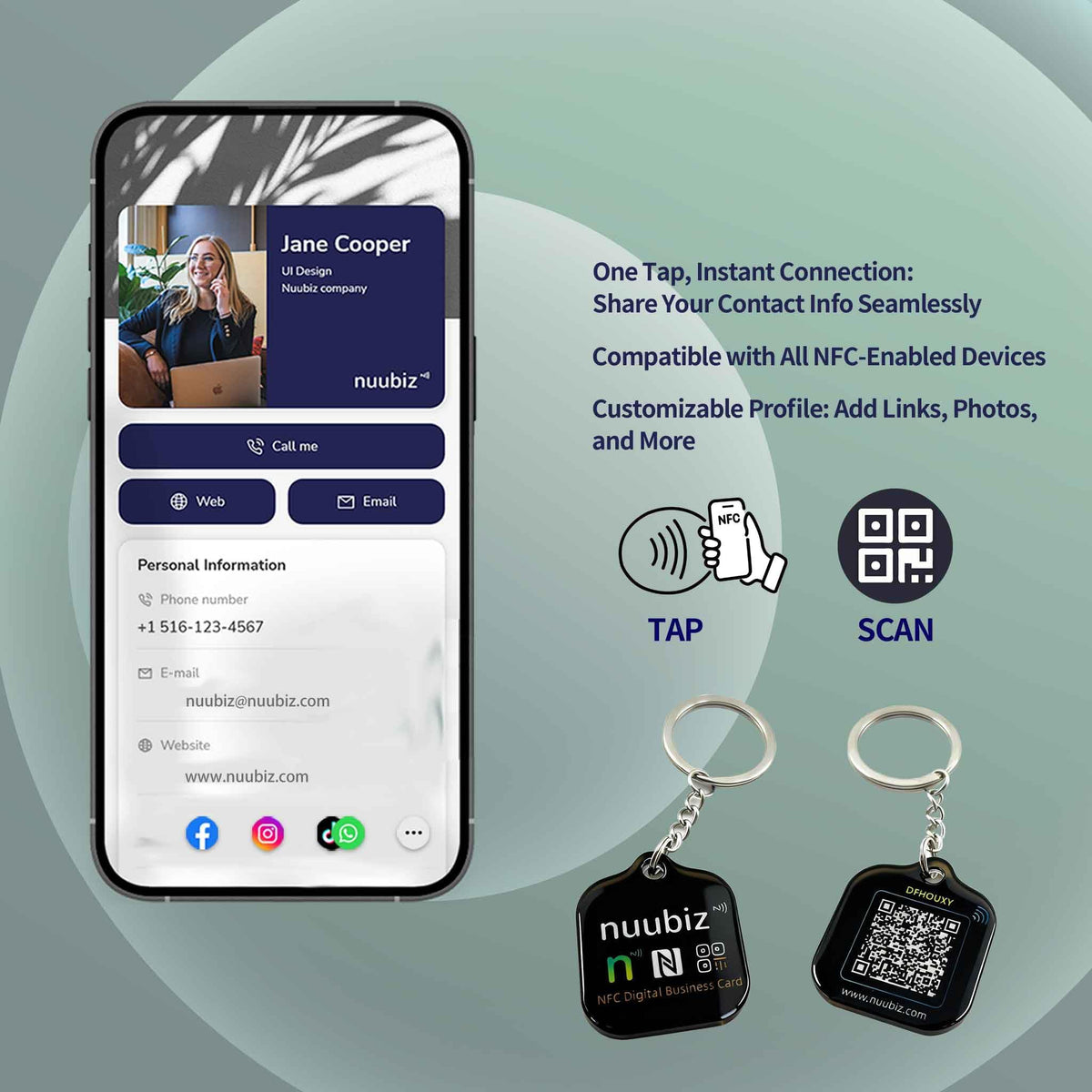NUUBIZ Digital Business Card Keychain with NFC Tap & QR Scan