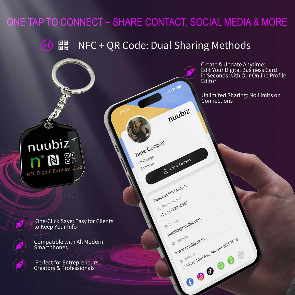 NUUBIZ Digital Business Card Keychain with NFC Tap & QR Scan