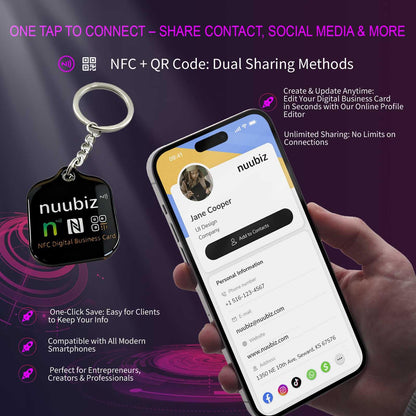 NUUBIZ Digital Business Card Keychain with NFC Tap & QR Scan