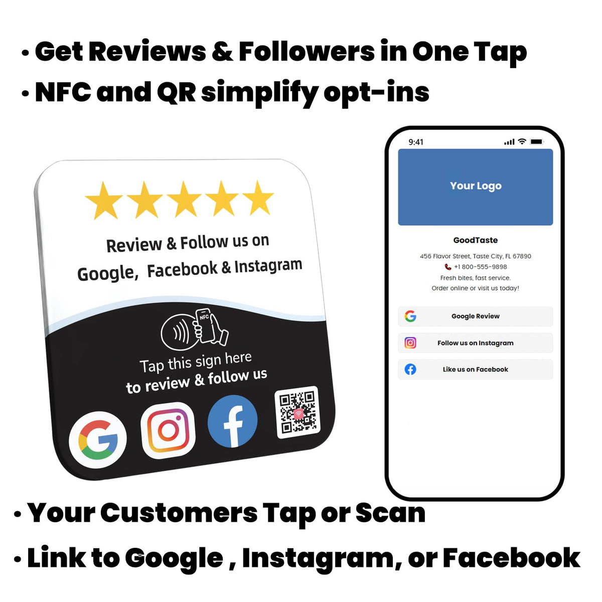 NFC QR Review Tap Card & Social Media Sign Plate, Large: 7.1"× 7.1"