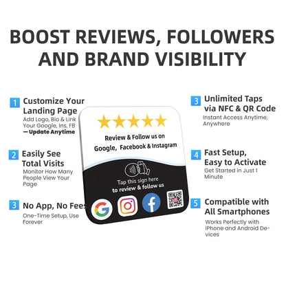 NFC QR Review Tap Card & Social Media Sign Plate, Large: 7.1"× 7.1"