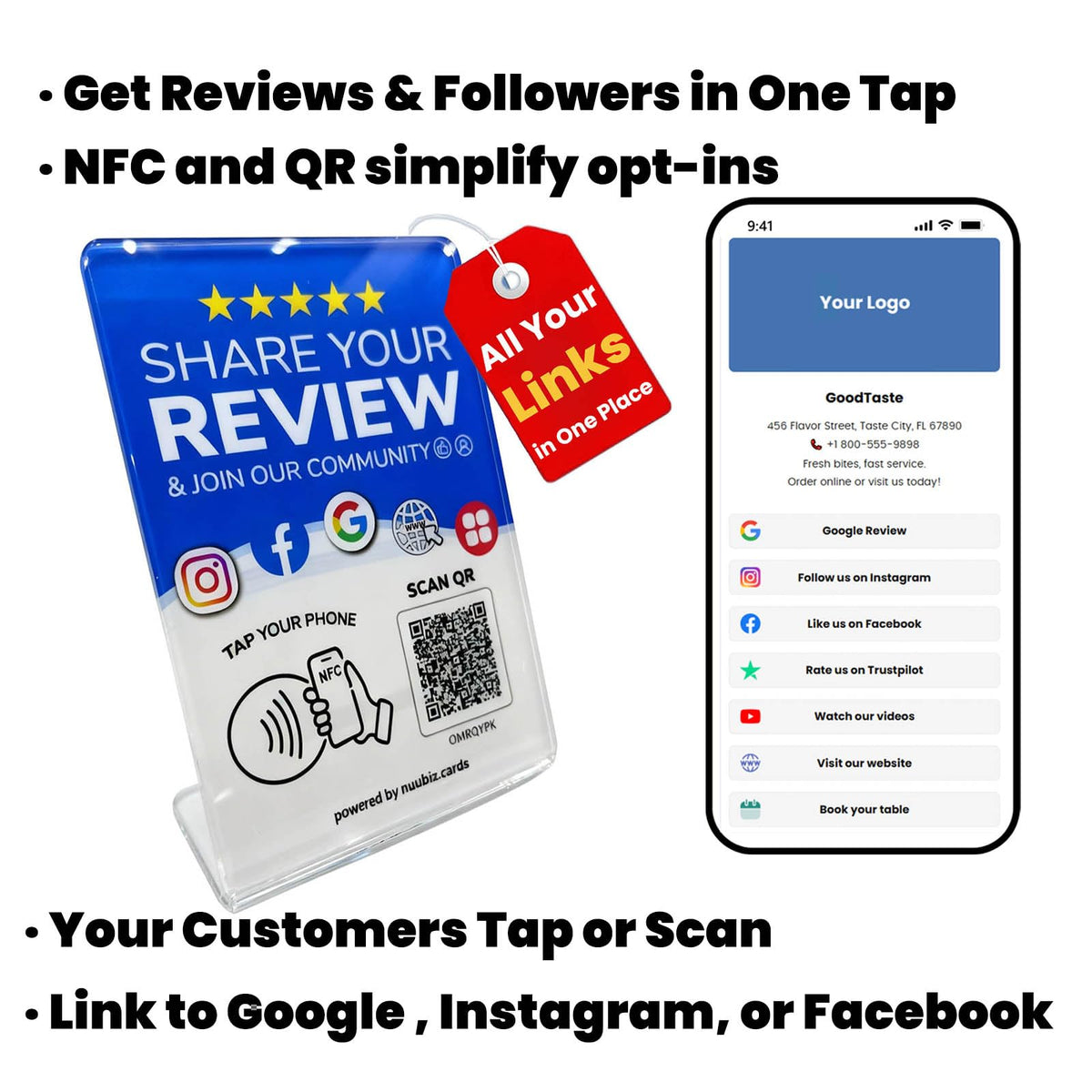 Multi-Link Review Stand for Google & Follow Us Sign for Instagram, Facebook