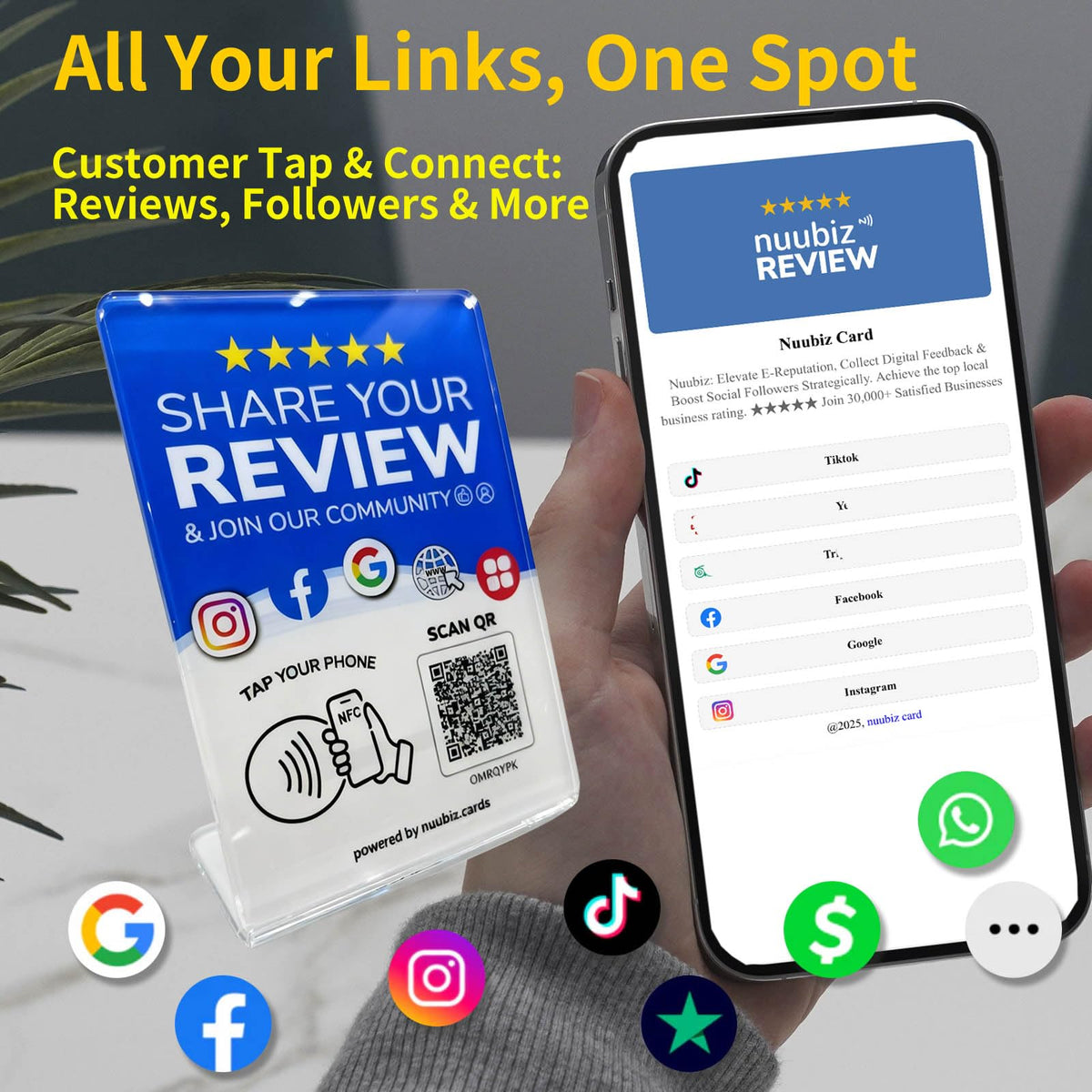 Multi-Link Review Stand for Google & Follow Us Sign for Instagram, Facebook