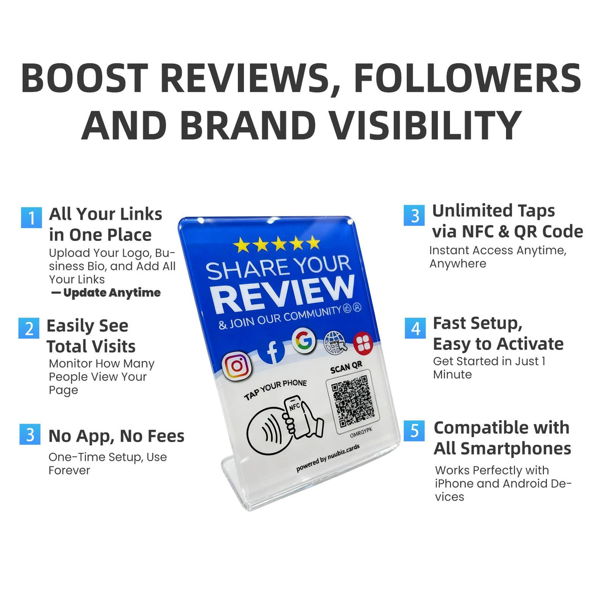Multi-Link Review Stand for Google & Follow Us Sign for Instagram, Facebook