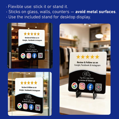 Large Google Review Plate with NFC & QR Code, All-in-One Social Media Link Hub, 7.1" × 7.1"