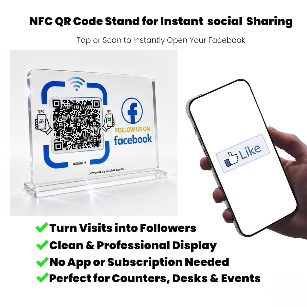 NUUBIZ Social Media QR Code Stand for Facebook, NFC Tap to Follow Us Sign