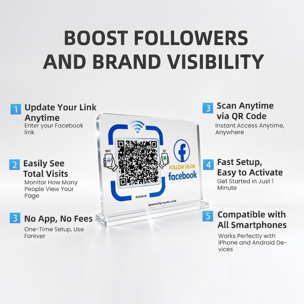 NUUBIZ Social Media QR Code Stand for Facebook, NFC Tap to Follow Us Sign