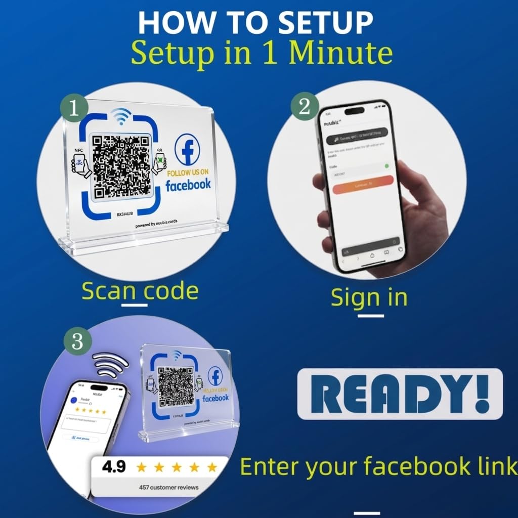 NUUBIZ Social Media QR Code Stand for Facebook, NFC Tap to Follow Us Sign