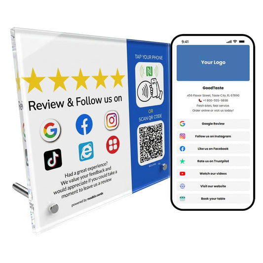 Multi-Link NFC Review Stand for Google & Follow Us on Social Media Sign