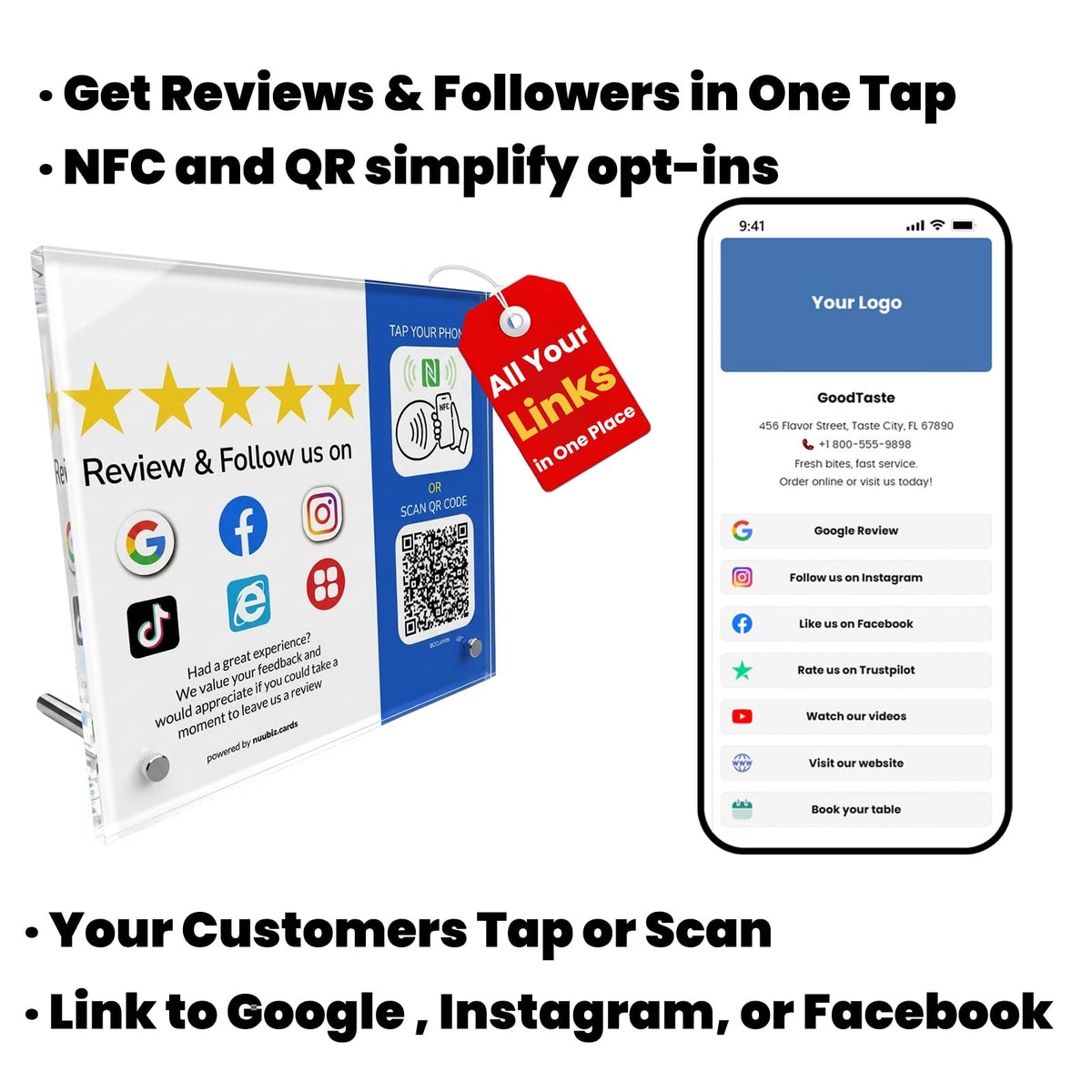 Multi-Link NFC Review Stand for Google & Follow Us on Social Media Sign