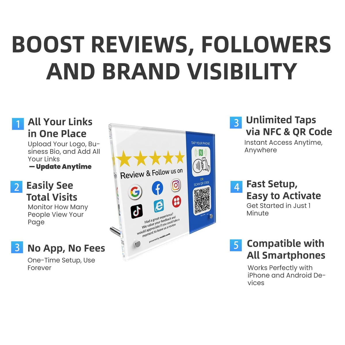 Multi-Link NFC Review Stand for Google & Follow Us on Social Media Sign