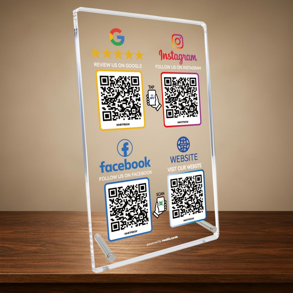 Review Stand for Google, Social Media Sign for IG & FB, Website, 4 QR & NFC