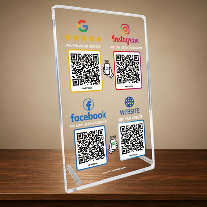 Review Stand for Google, Social Media Sign for IG & FB, Website, 4 QR & NFC