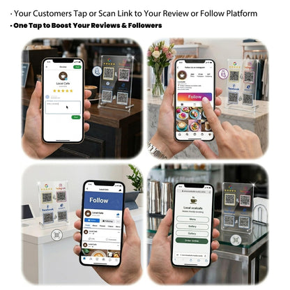 Review Stand for Google, Social Media Sign for IG & FB, Website, 4 QR & NFC