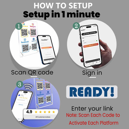 Review Stand for Google, Social Media Sign for IG & FB, Website, 4 QR & NFC