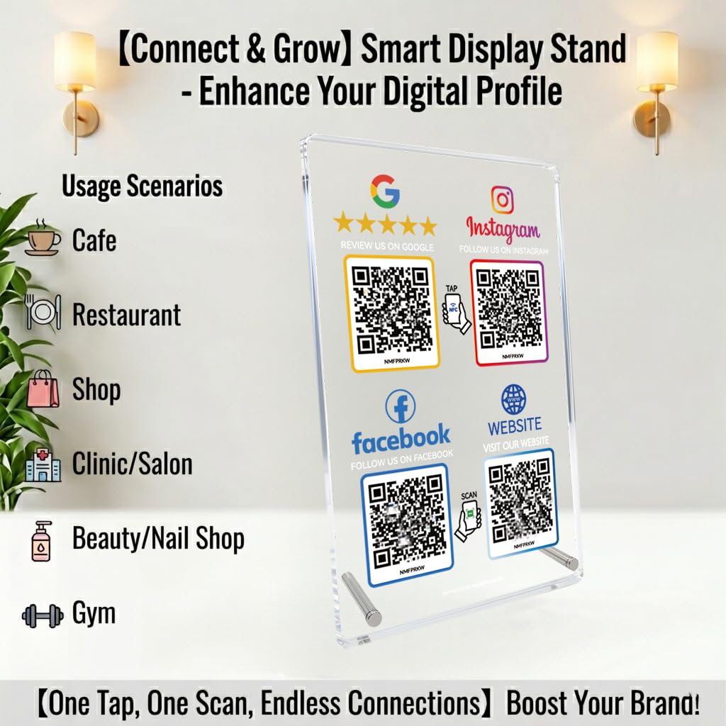 Review Stand for Google, Social Media Sign for IG & FB, Website, 4 QR & NFC