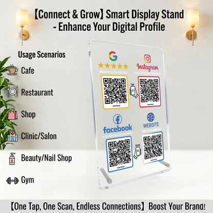 Review Stand for Google, Social Media Sign for IG & FB, Website, 4 QR & NFC
