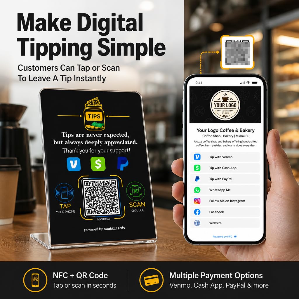 Tip Jar Stand with NFC QR Code Sign for Venmo Cash App PayPal